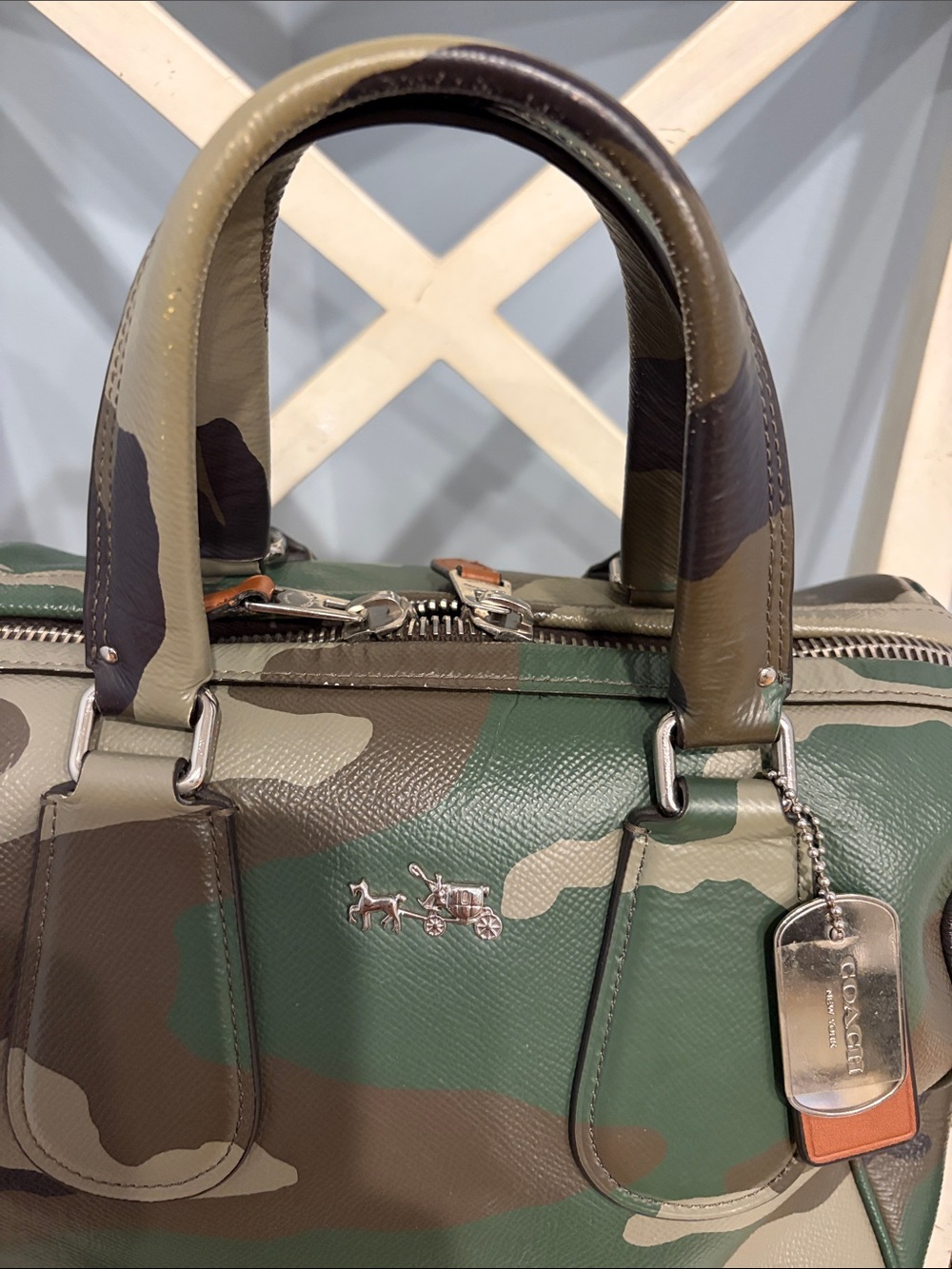 Coach Camo Surrey Satchel Leather Zip Satchel in Green/Brown - Picture 2 of 16